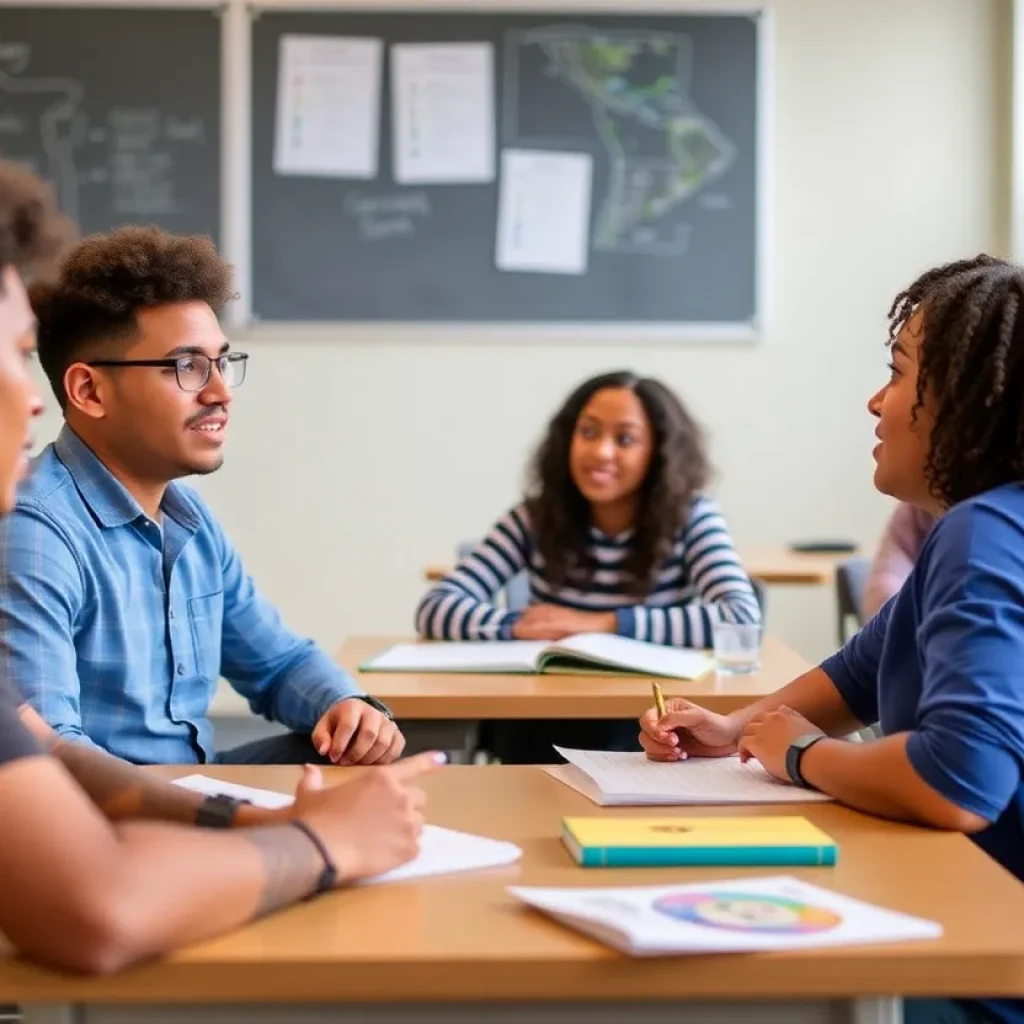 Classroom with diverse students discussing curriculum changes.