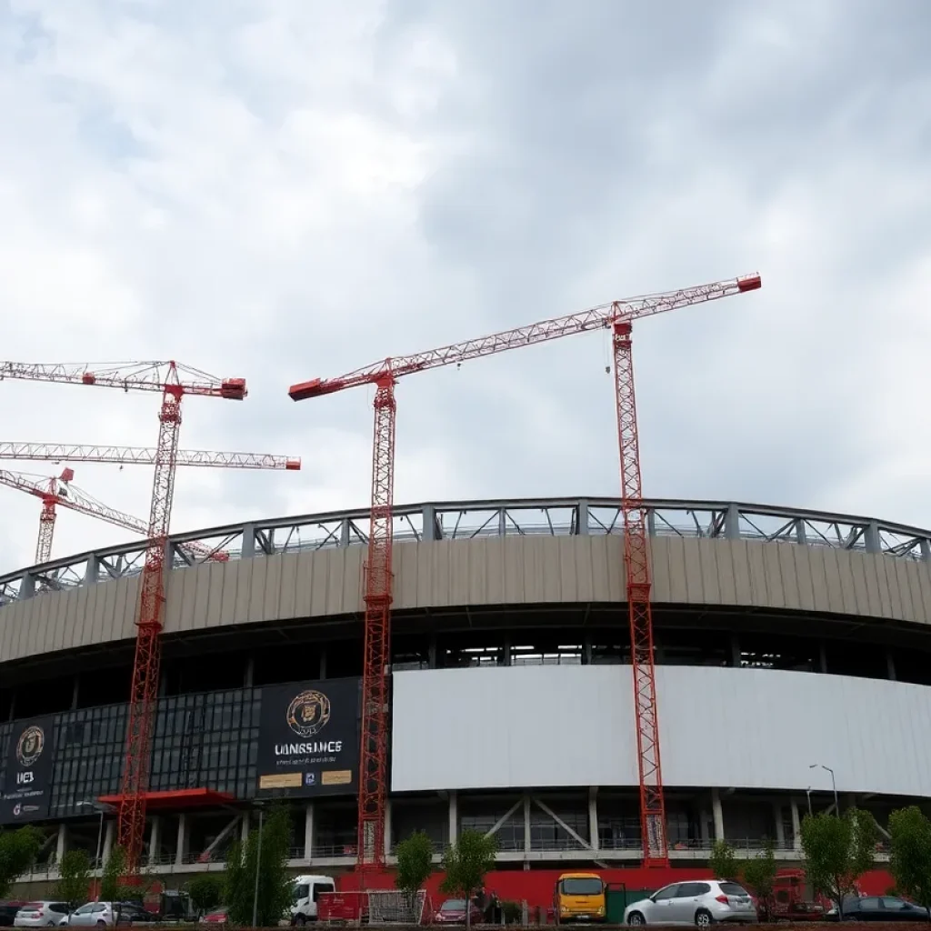 Stadium construction site with cranes under cloudy skies.