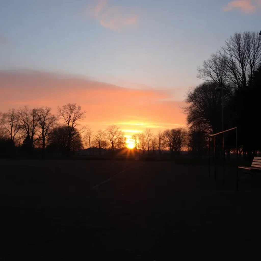 Empty playground with sunset, representing lost potential and innocence.