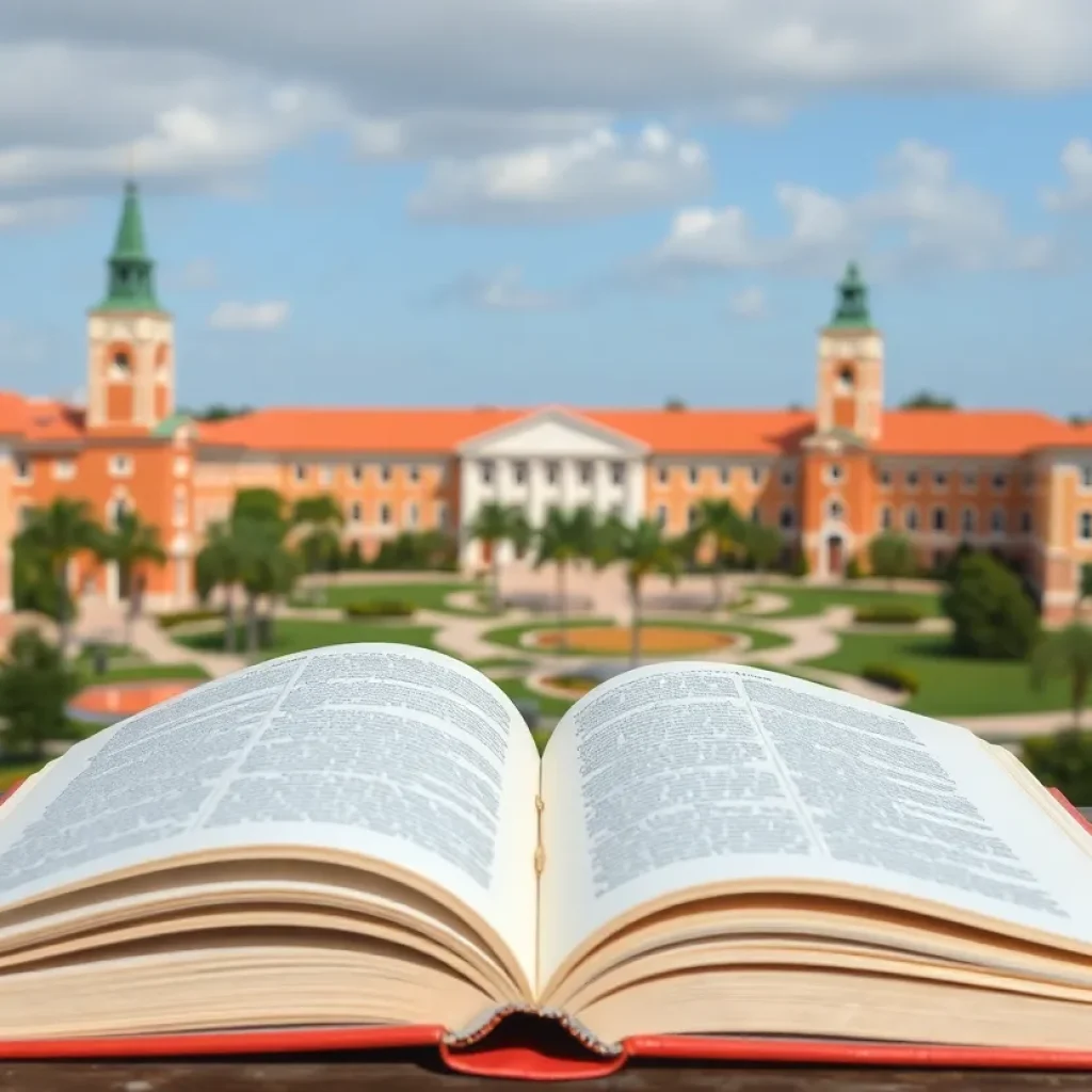 Open books with Florida university campuses in background.