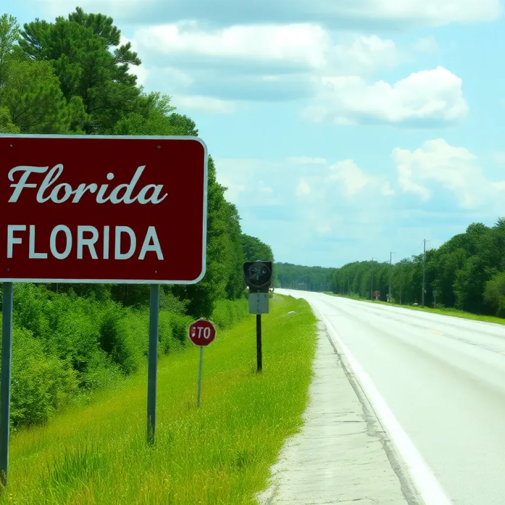 Scenic Florida highway with a "Welcome to Florida" sign.