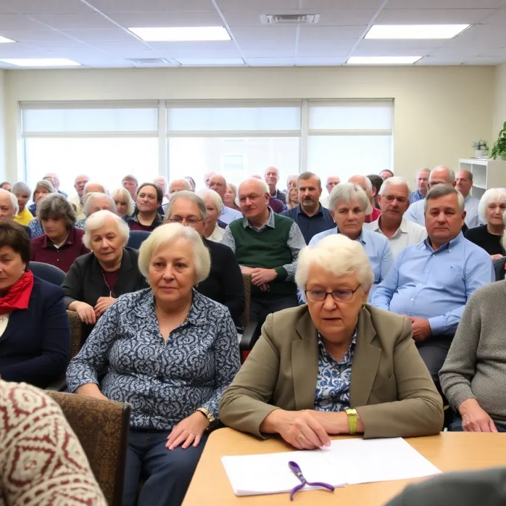 A crowded senior housing application office with concerned expressions.