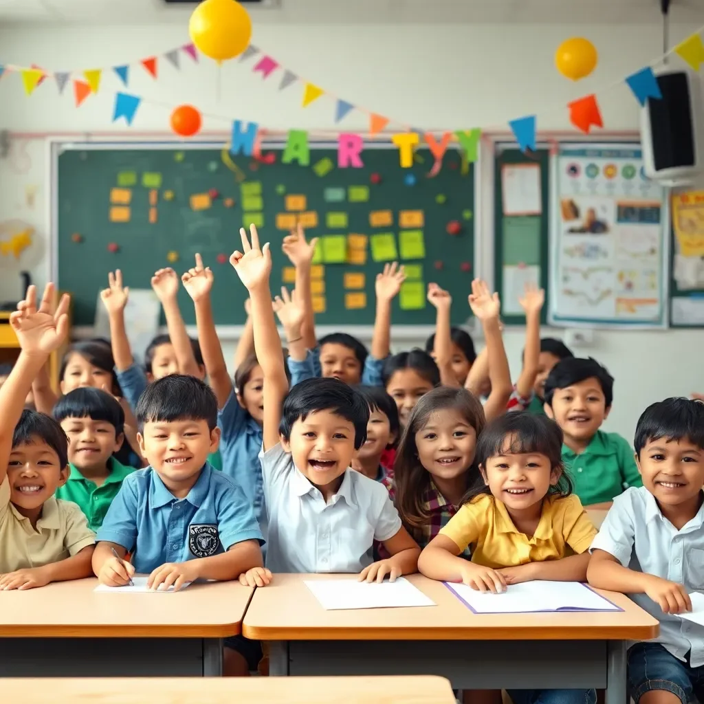 Celebratory school classroom filled with joyful children learning.