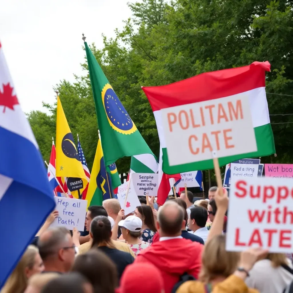 Political support rally with flags and signs.