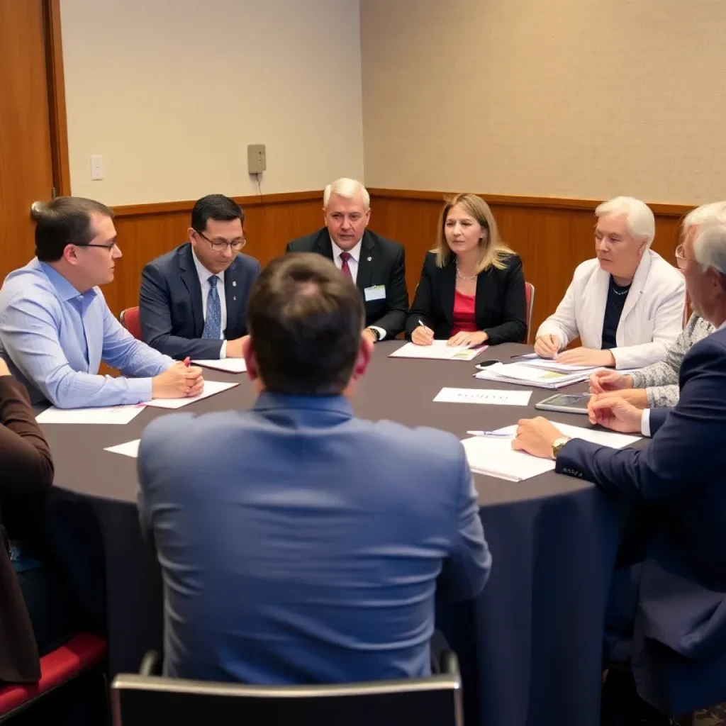 Diverse group discussing health policy around a conference table.