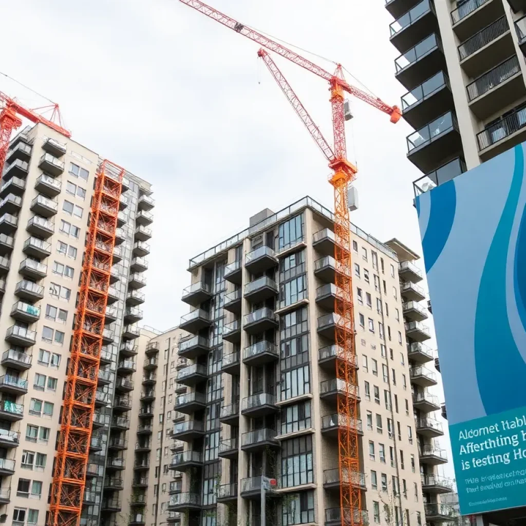 Modern condos with cranes and affordable housing signage.