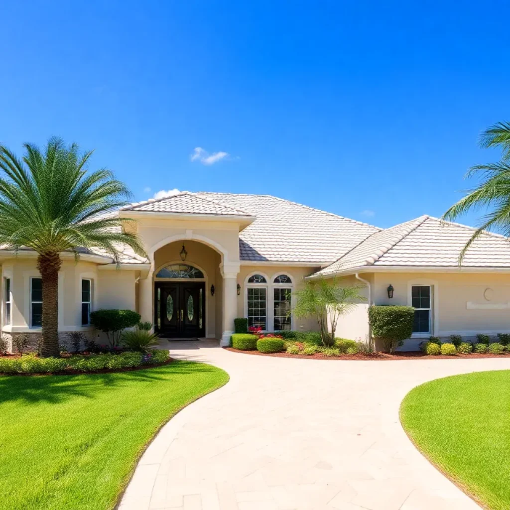 Sunny Florida home with a welcoming landscape and blue skies.