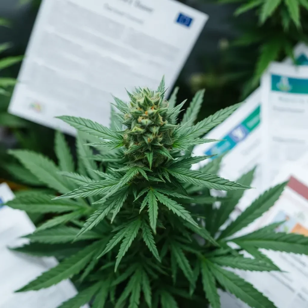 Cannabis plant growing surrounded by regulatory documents and licenses.