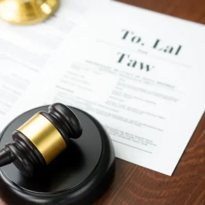 Judicial gavel and tax documents on a desk.