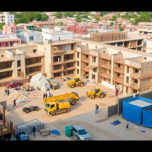 Construction site bustling with activity and equipment.