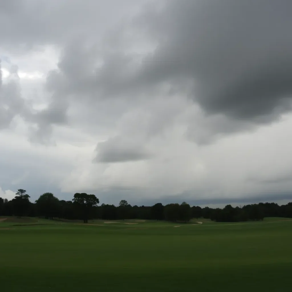 Serene golf course with ominous dark clouds overhead.