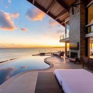 Luxurious oceanfront mansion with stunning sunset views.