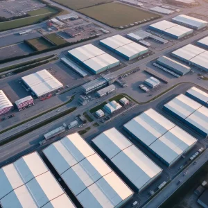 Aerial view of industrial facilities with expanding warehouses.