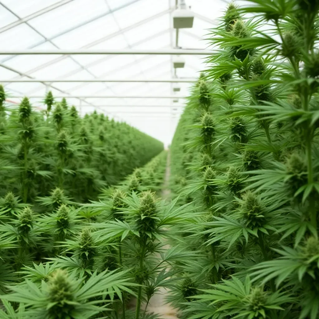 Rows of green cannabis plants in a bright greenhouse.