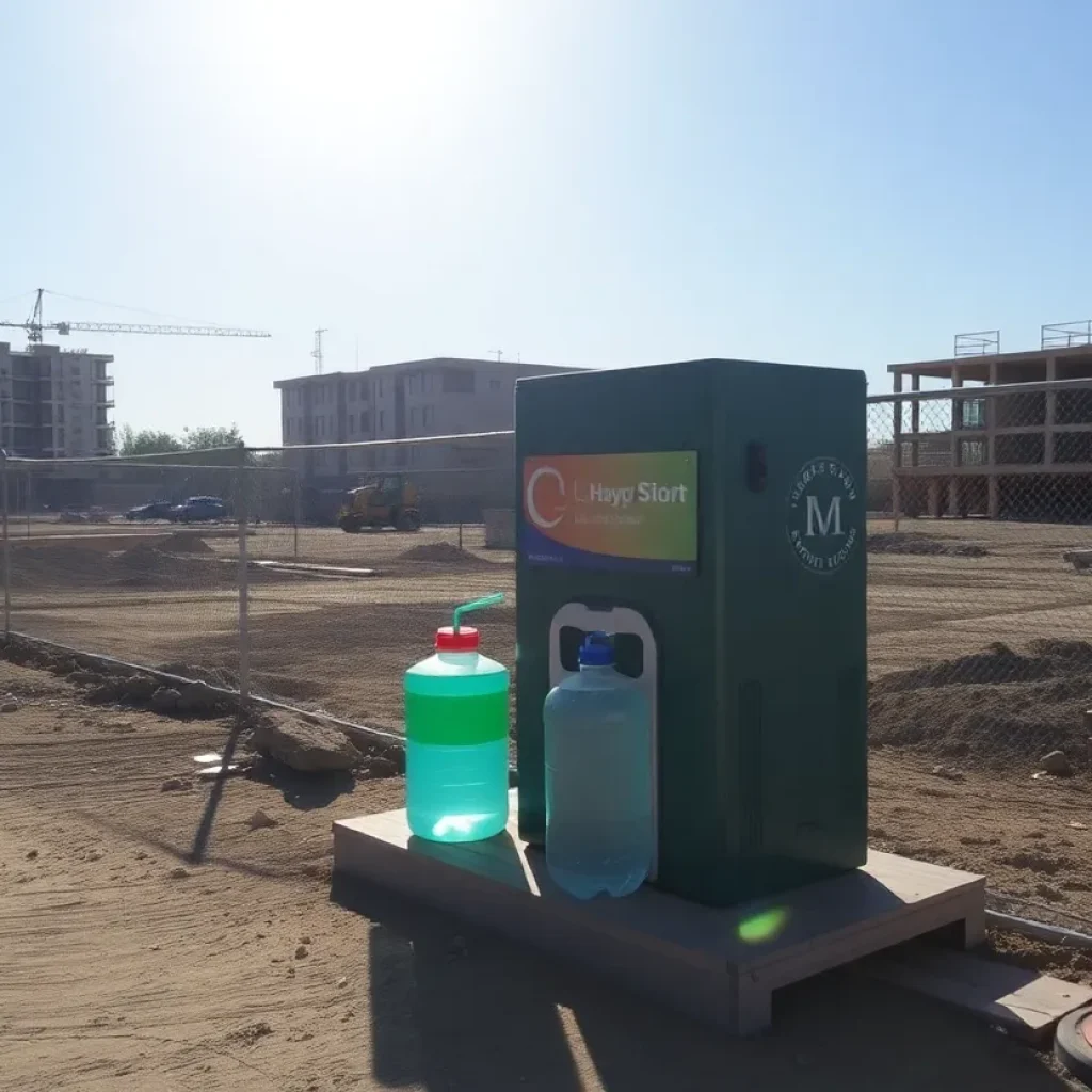 Construction site hydration station under a bright sun.