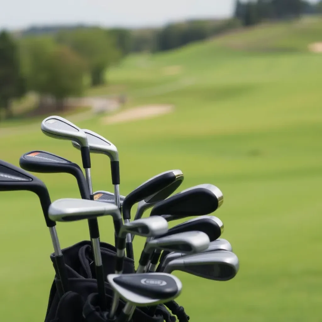 Golf clubs leaning against a serene golf course backdrop.