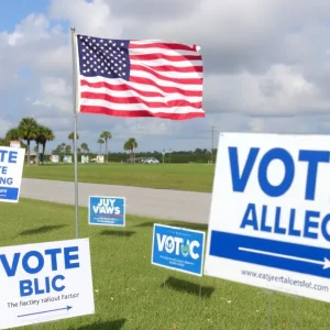 Voting ballots and campaign signs in Florida landscape.