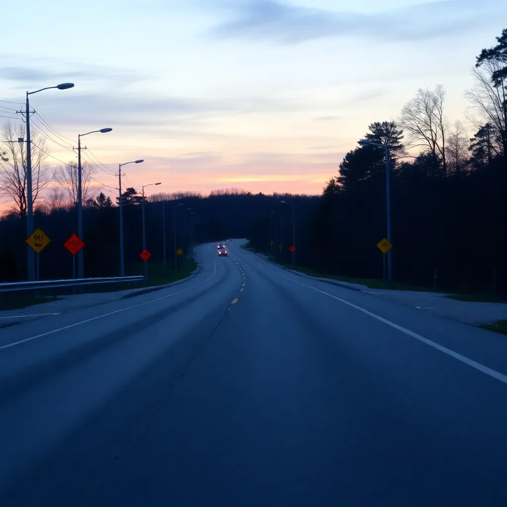 Empty road with caution signs at dusk.