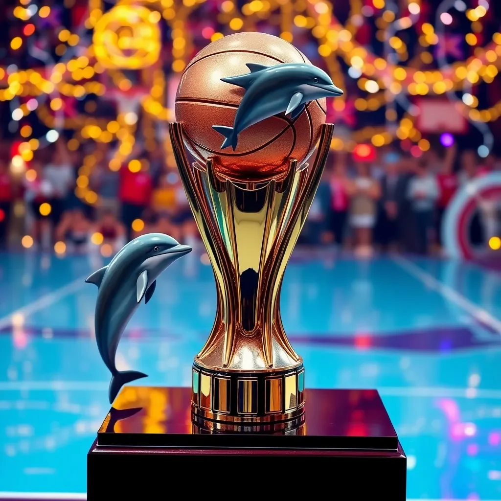 Basketball trophy with dolphins and festive celebration backdrop.