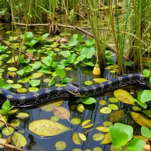 Swamp landscape with invasive python amongst native flora.