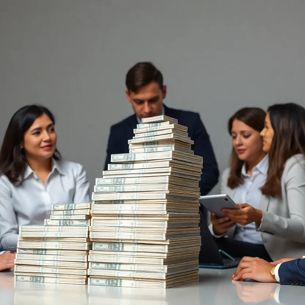 Business people collaborating around a growing stack of money.