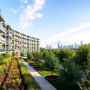 Modern apartment complex with lush landscaping and skyline.