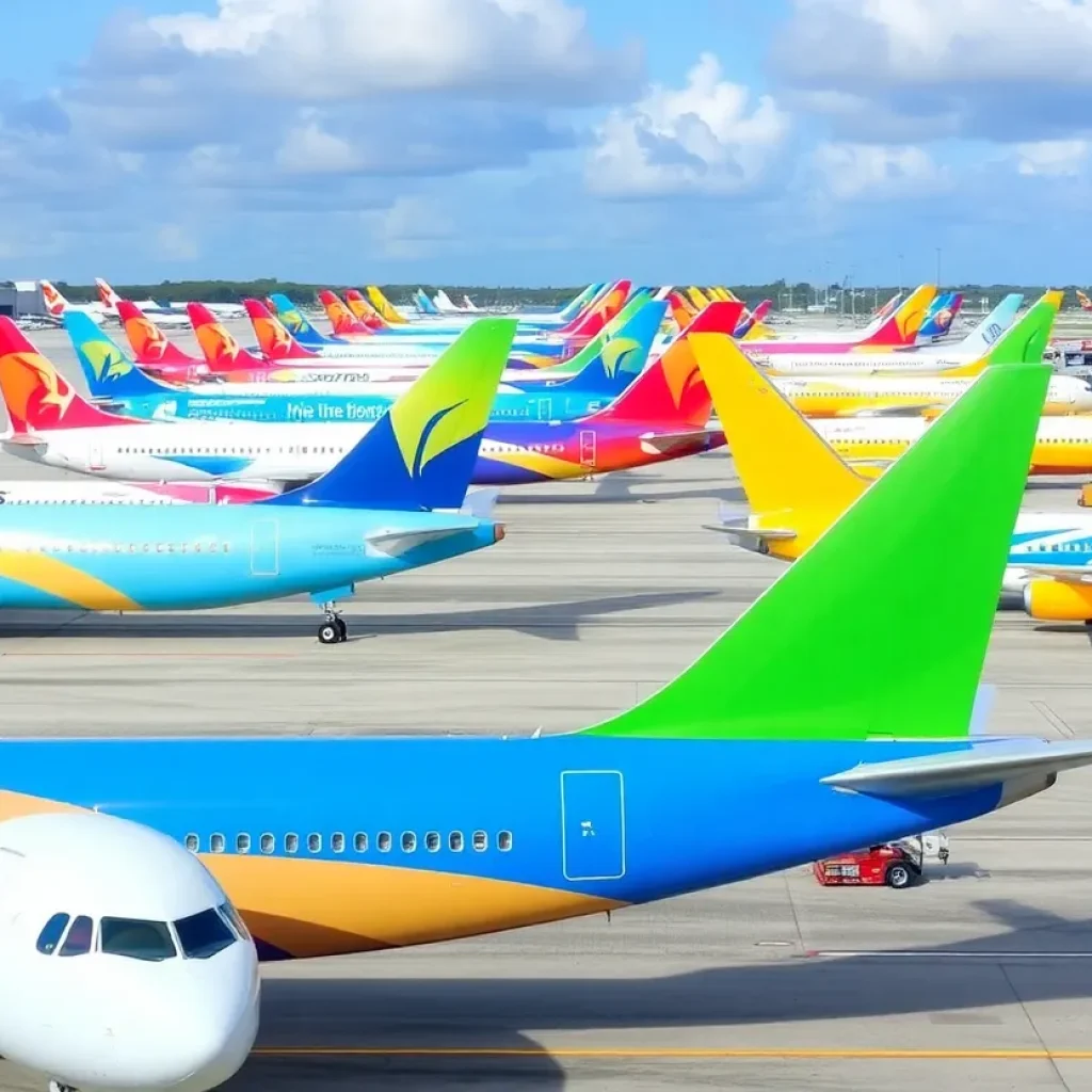 Colorful planes at a busy Florida airport terminal.