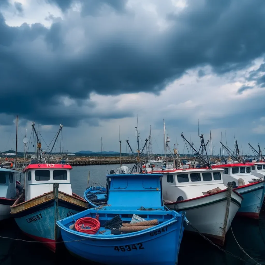 Fishing boats docked with stormy skies above.