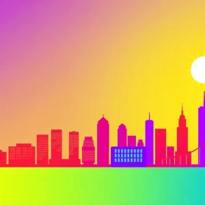 Vibrant skyline featuring sun and business growth symbols.