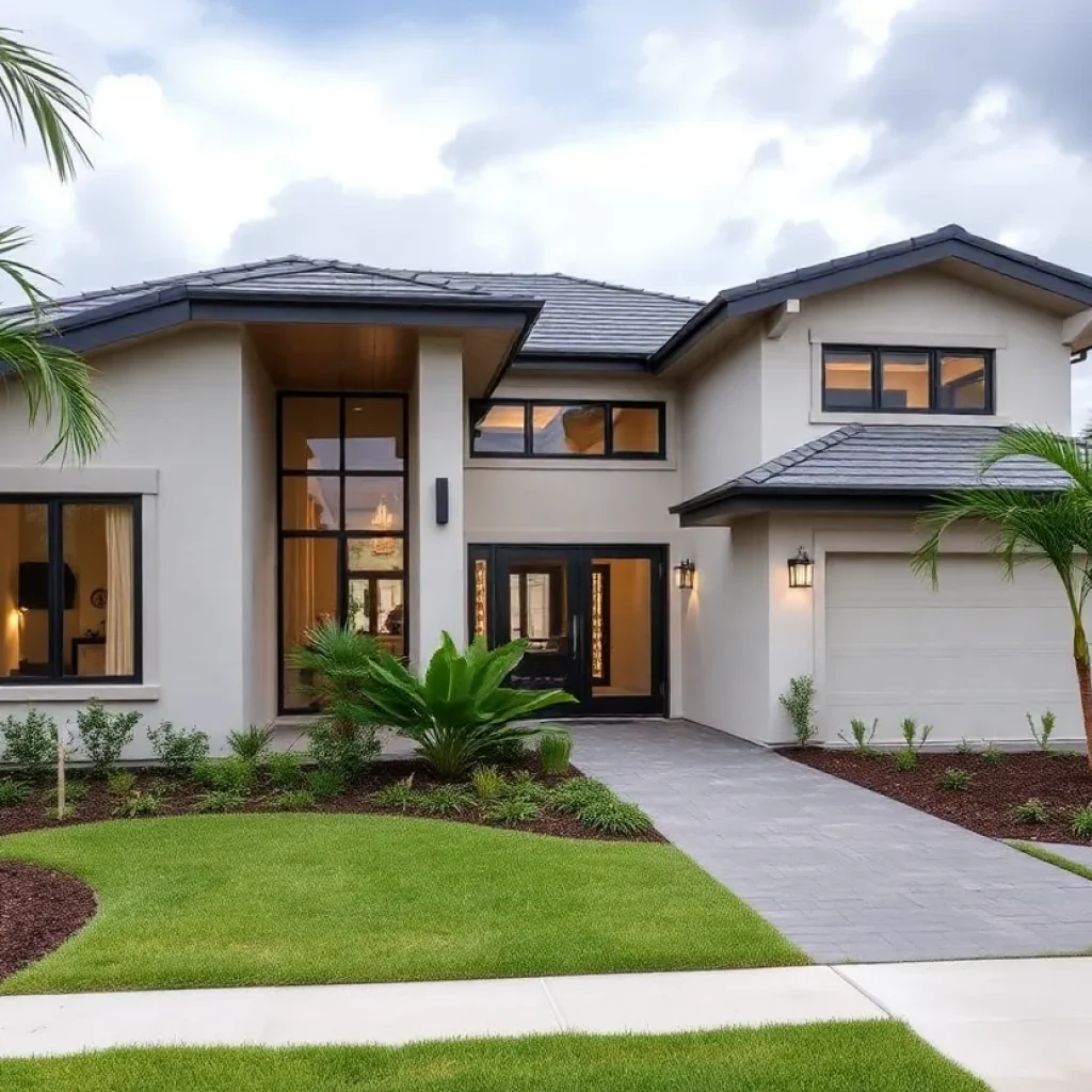 Modern hurricane-resistant home with storm-resistant features and landscaping.