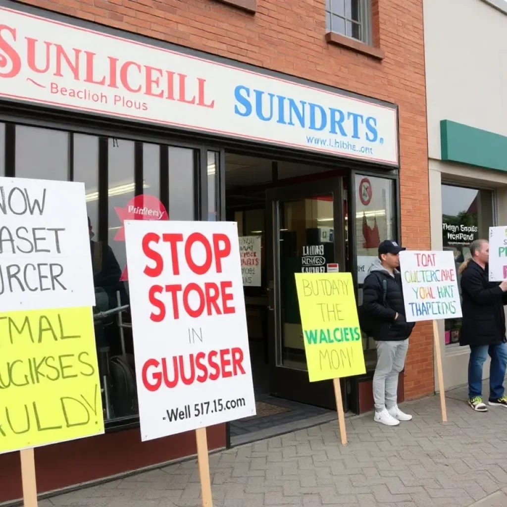 Protest signs in front of small business storefronts.