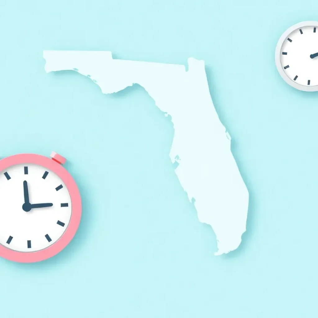 Simplified licensing documents with Florida map and clock.