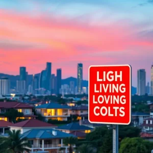 Vibrant skyline with luxury homes and high living costs sign.