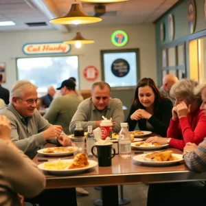 Heartwarming diner scene with comfort food and community gathering.