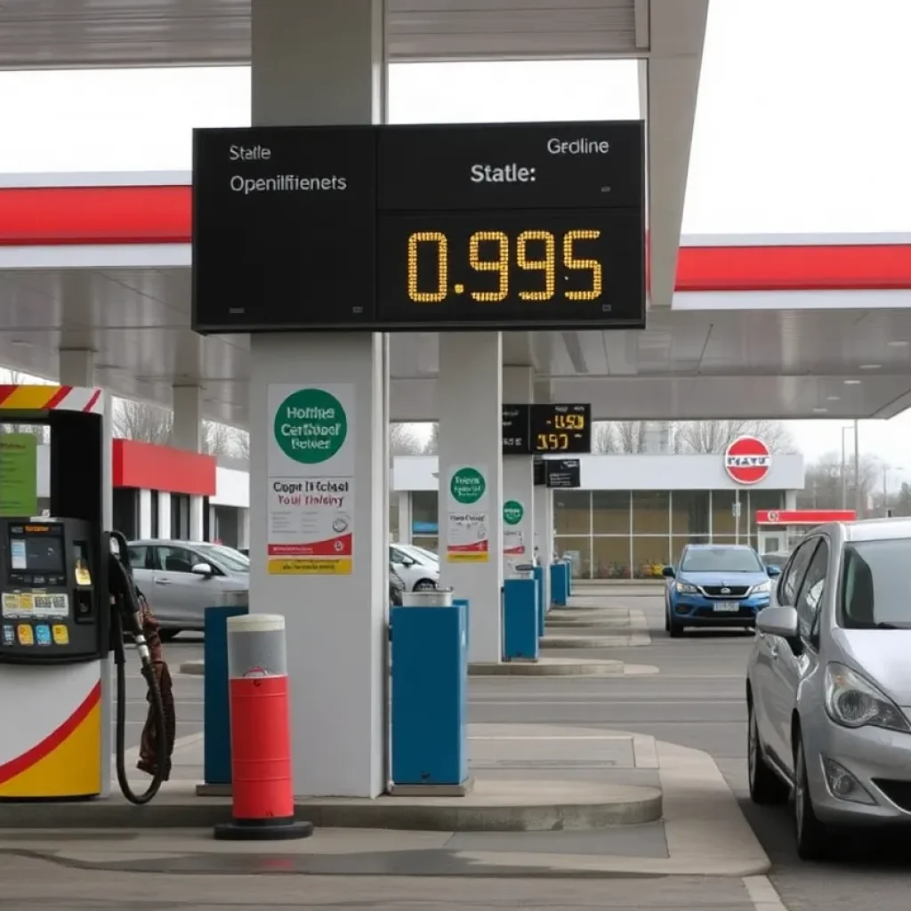 Gas station with stable pump prices and commuter cars.