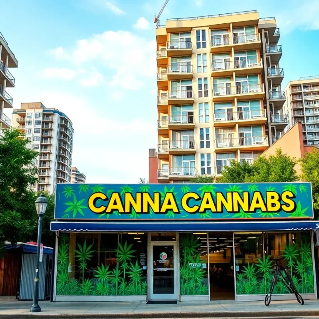 Vibrant cannabis storefront amidst urban development backdrop.