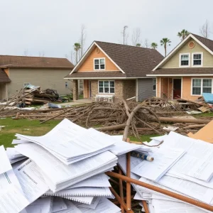 Devastated homes with insurance paperwork and storm debris.