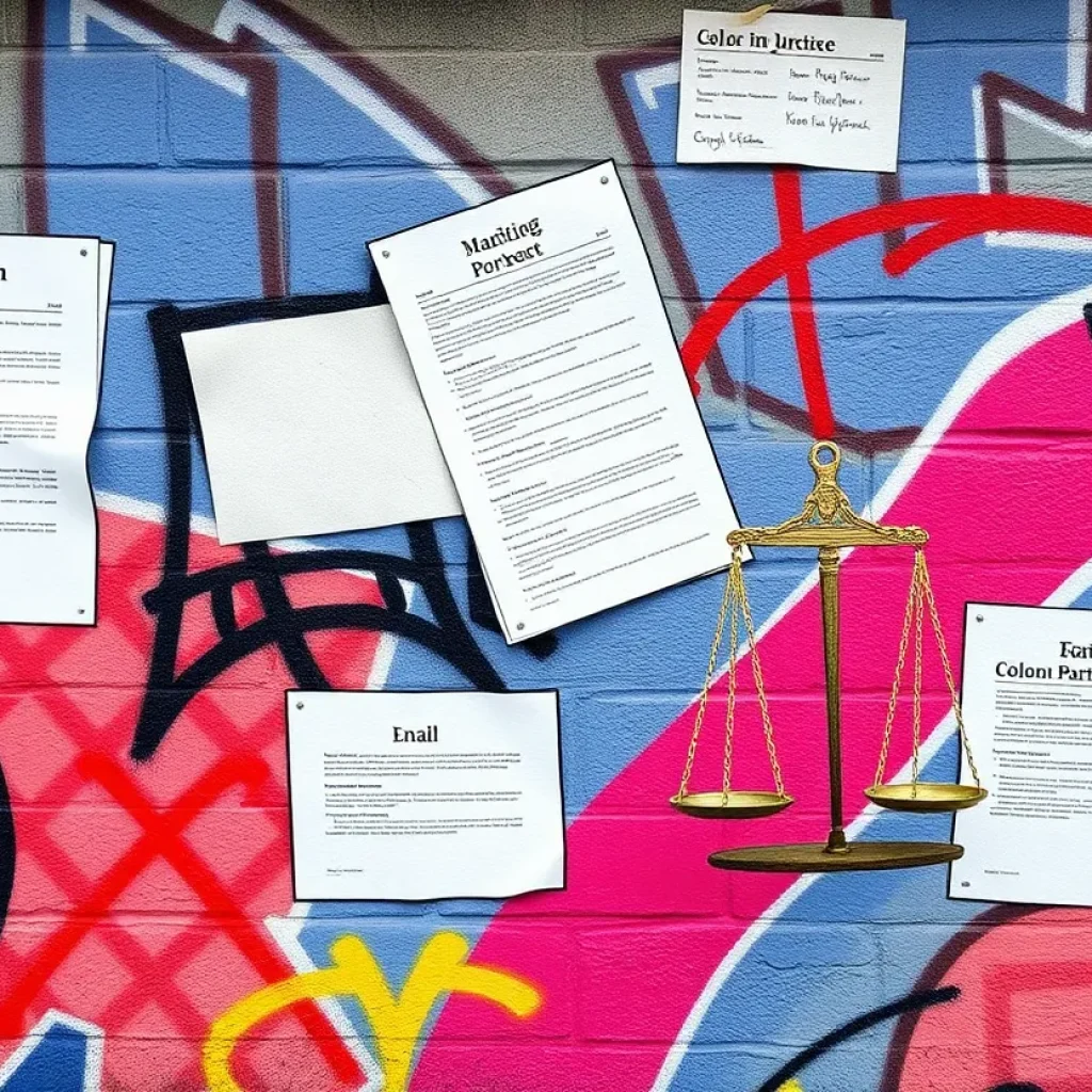 Colorful graffiti wall with legal documents and scales of justice.