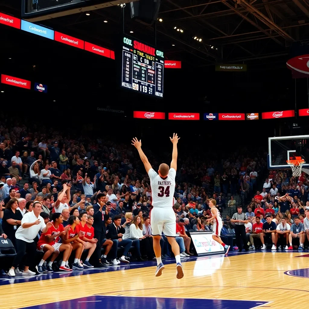 Exciting basketball game with cheering crowd and scoreboard.