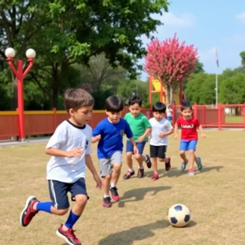 Children playing football in a colorful park setting.