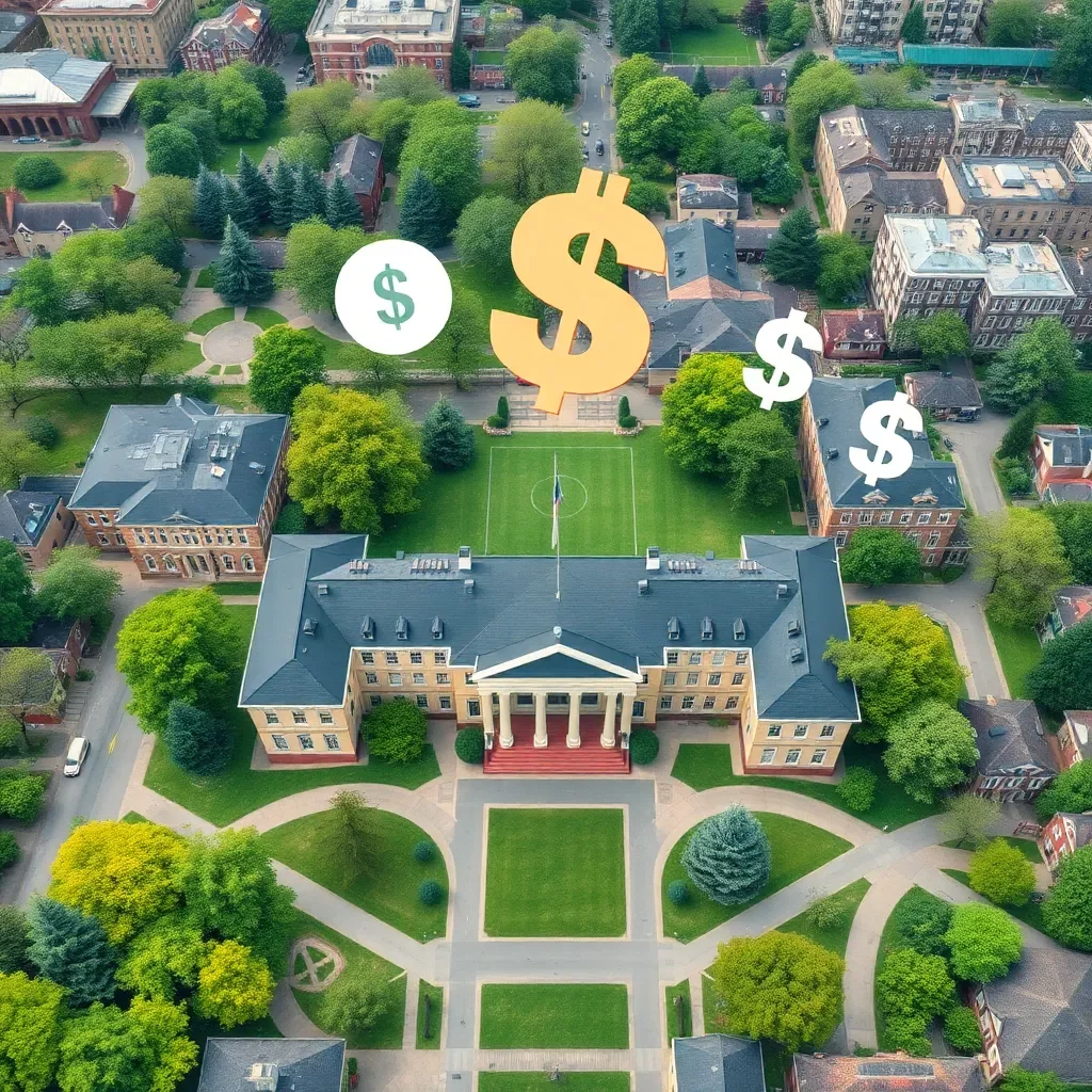 Aerial view of a university campus with financial symbols.