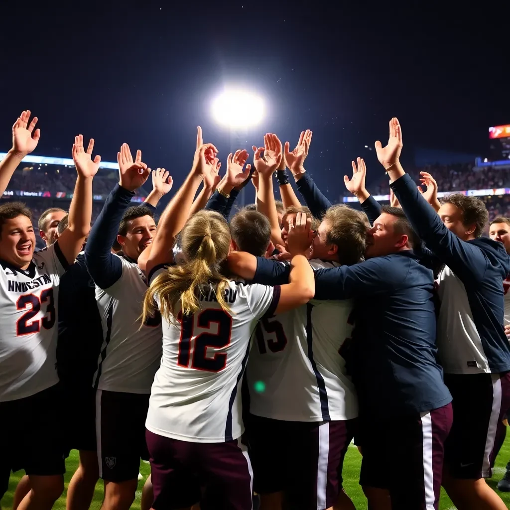 Dynamic team celebration after a sports victory.