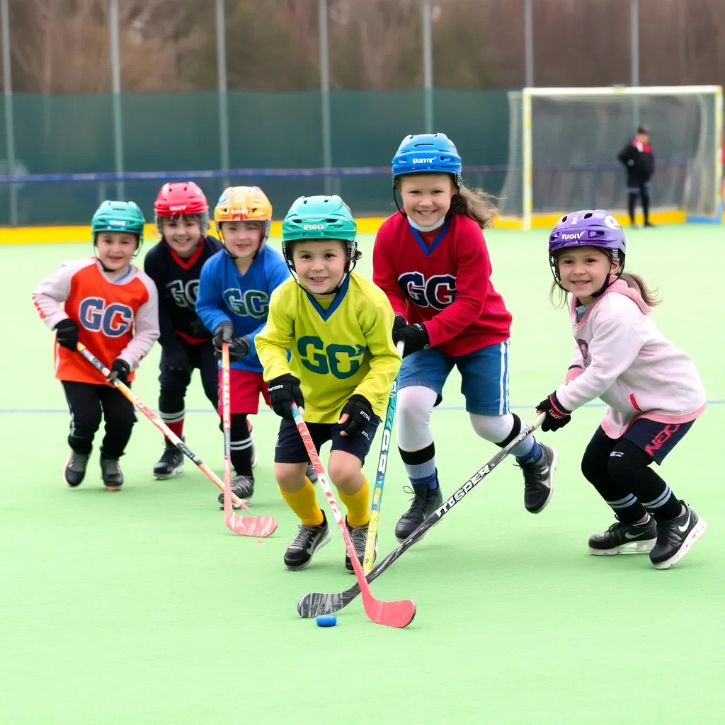 Children playing hockey, inclusive environment, teamwork and joy.