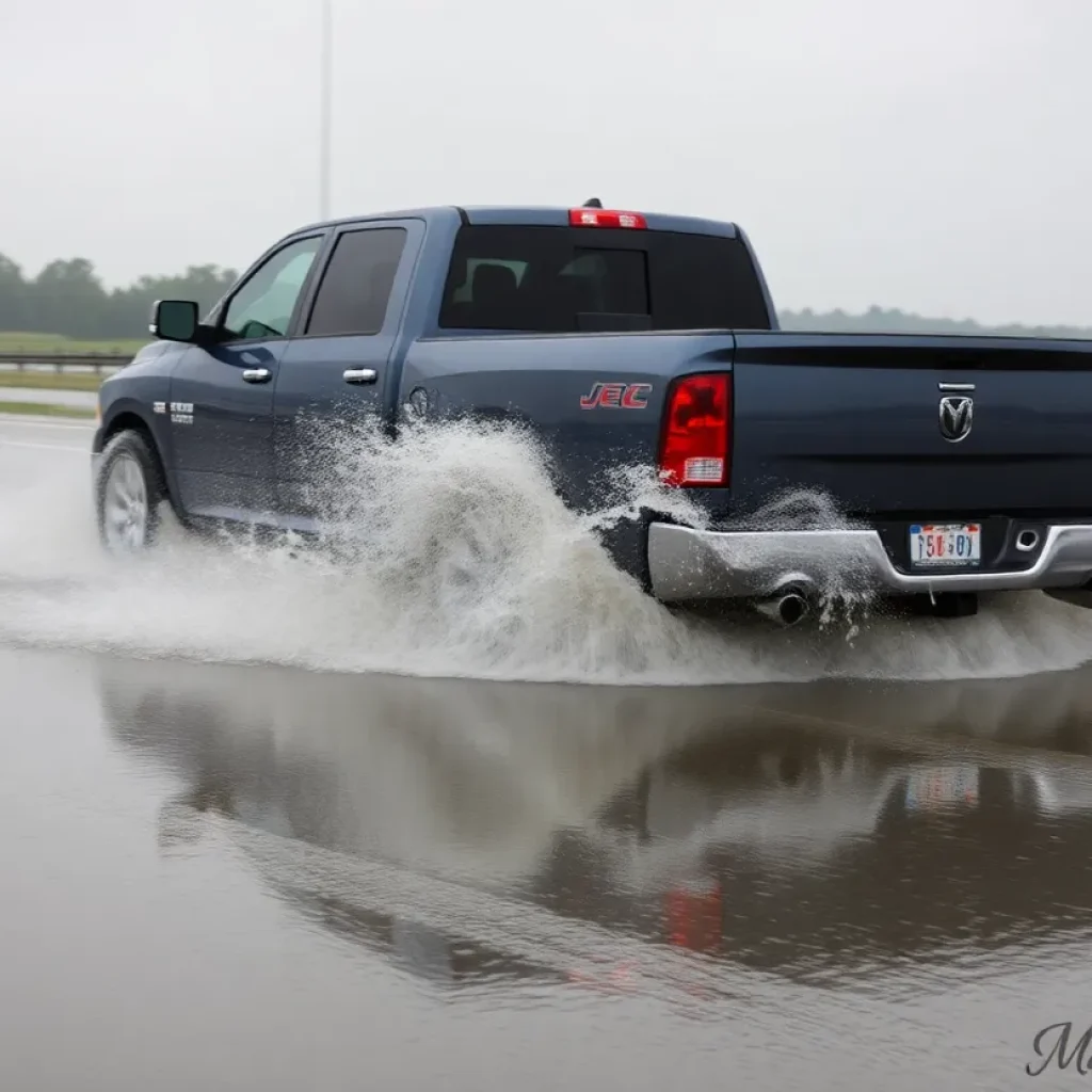 Pickup truck splashes through a rainy highway puddle.