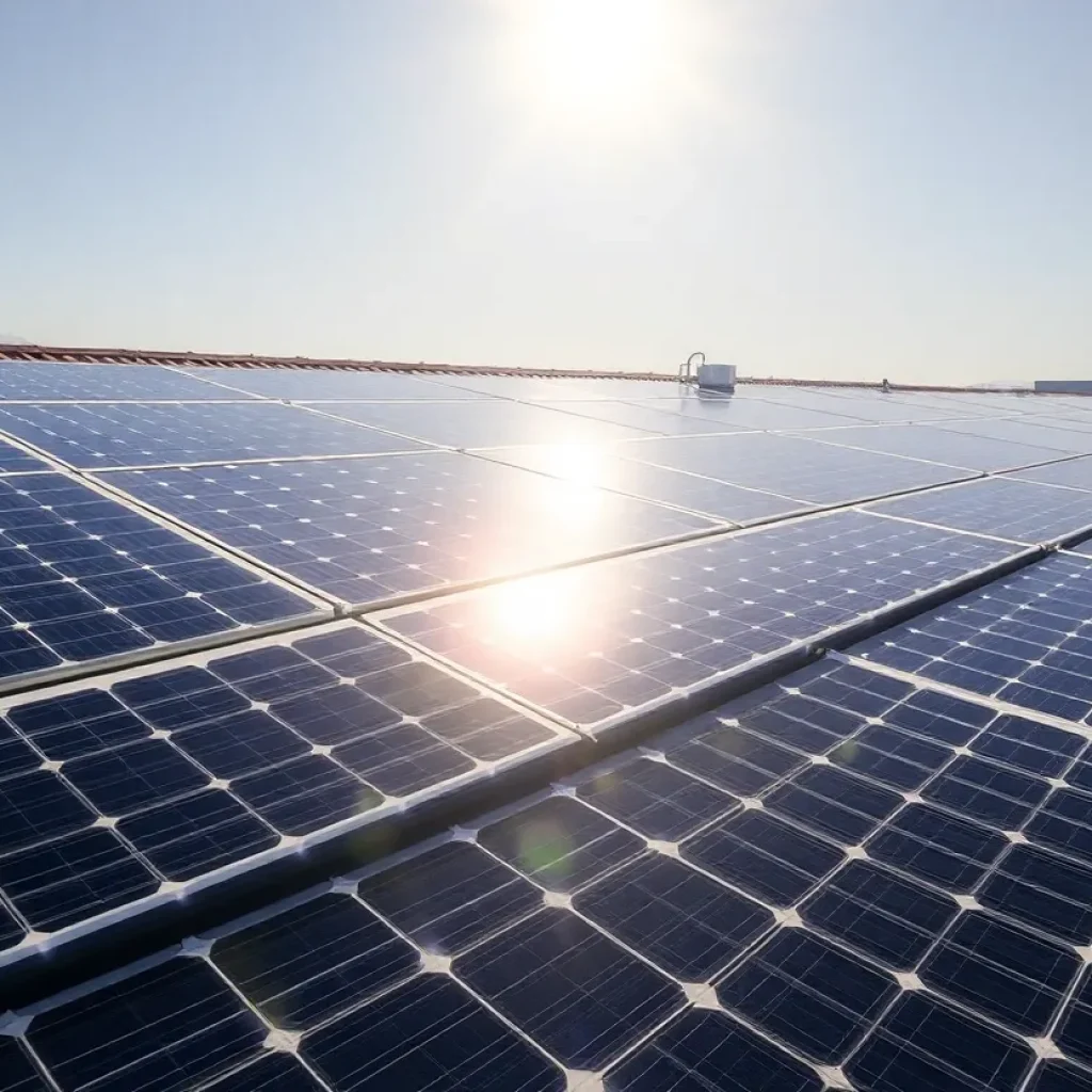 Vibrant solar panels reflecting sunlight on a sunny rooftop.