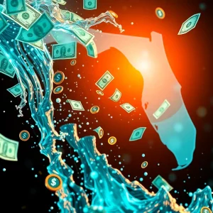 Money flowing into digital currency with Florida visuals.