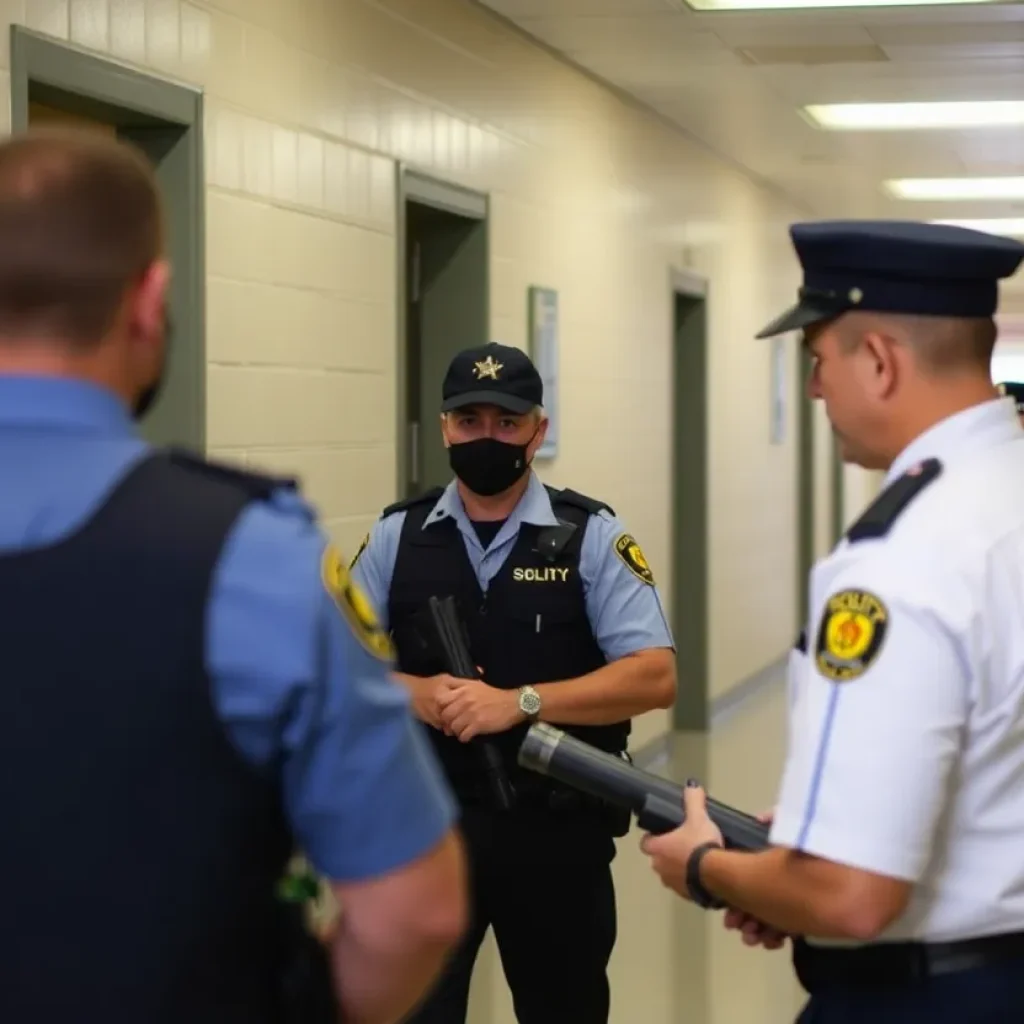 Uniformed personnel assisting in security at a prison facility.