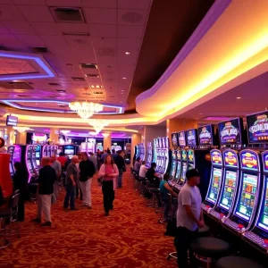 Vibrant casino floor with diverse slot machines and patrons.