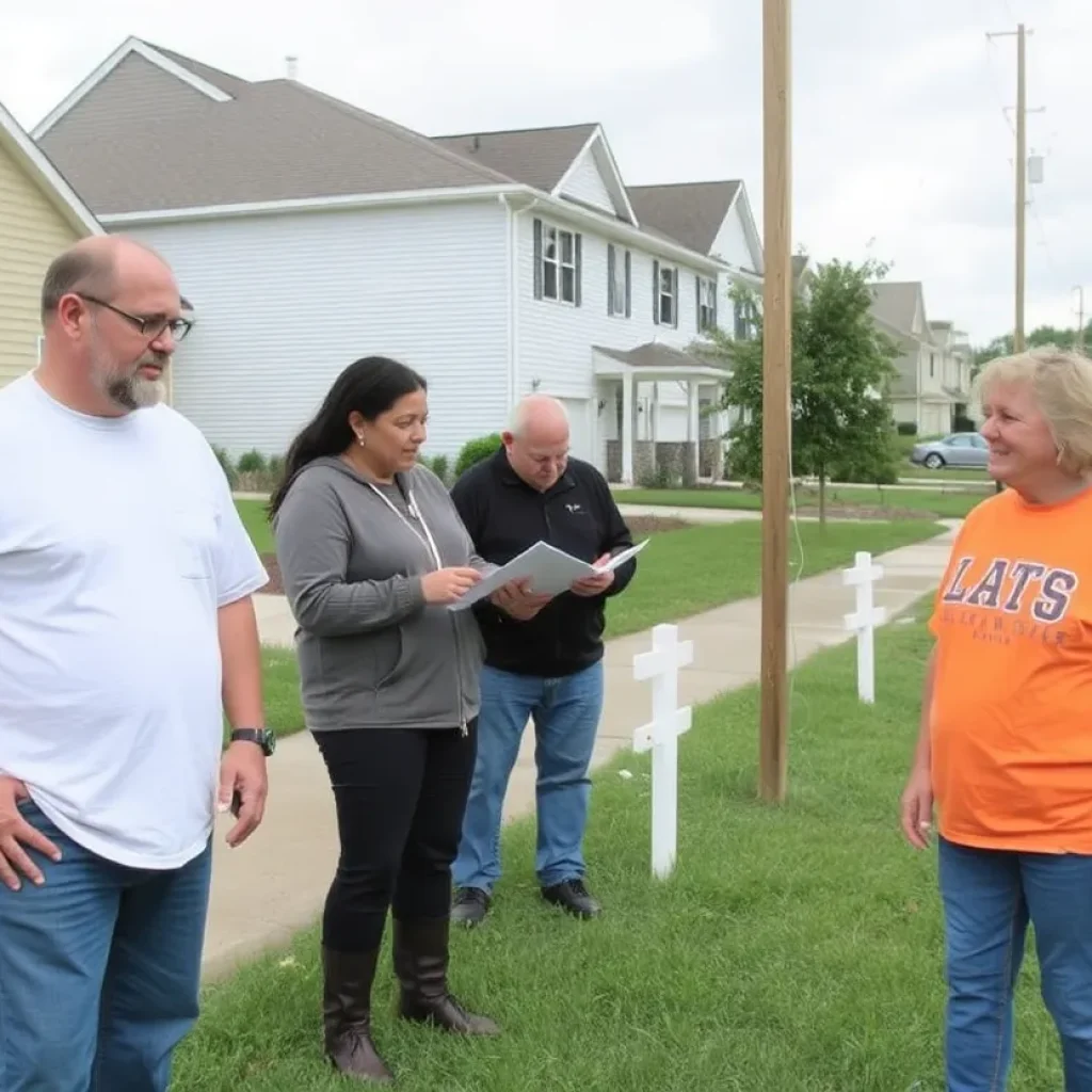 Homeowners assessing flood prevention measures in a community.