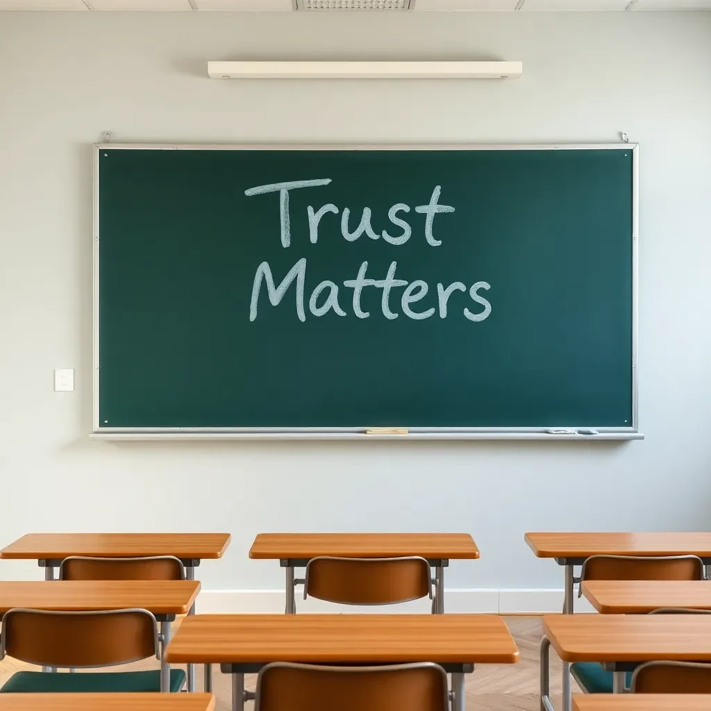 Classroom empty with a chalkboard displaying "Trust Matters"